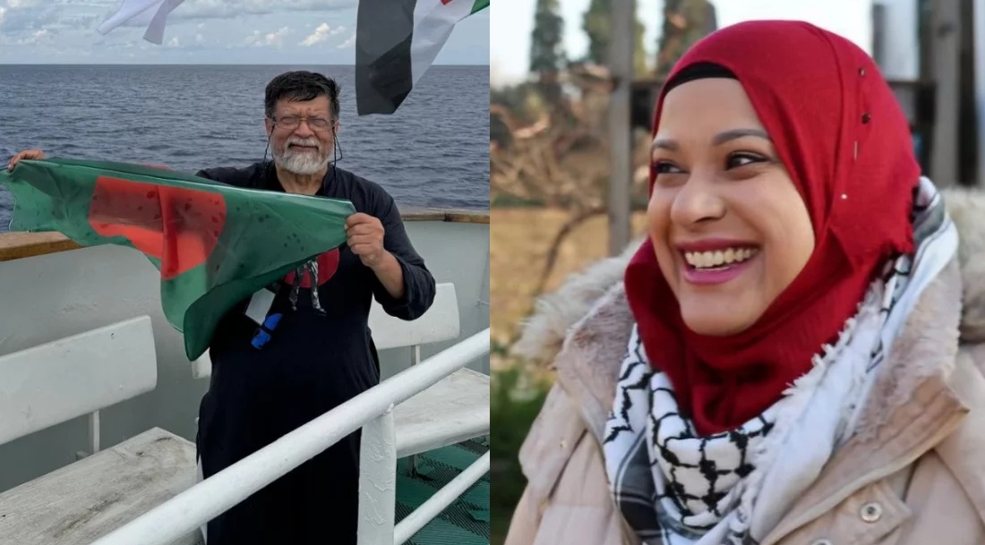 গাজাগামী ফ্লোটিলায় বাংলাদেশি বংশোদ্ভূত ব্রিটিশ মানবাধিকার কর্মী রুহি লোরেন,বাংলাদেশি শহিদুল আলম