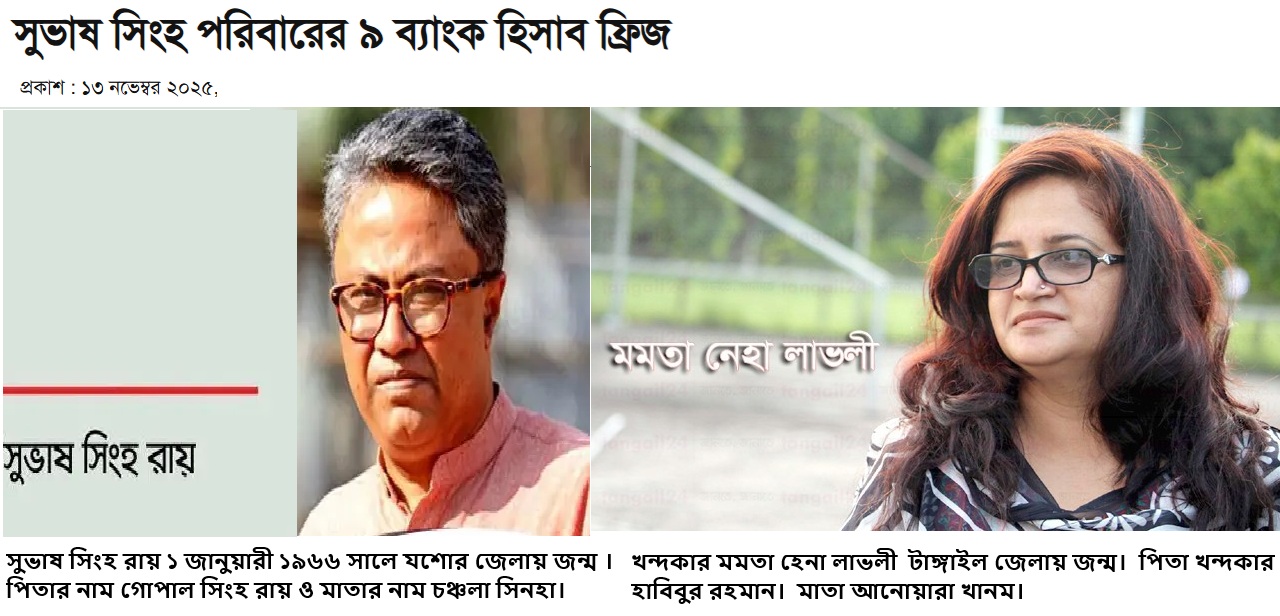 কোটি কোটি টাকা লেনদেনের তথ্য :  সুভাষ সিংহ পরিবারের ৯ ব্যাংক হিসাব ফ্রিজ